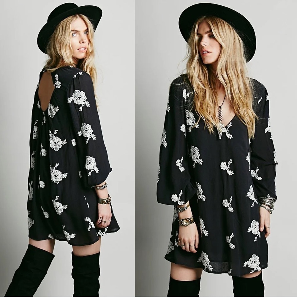 Free People • Embroidered Austin Mini Dress black cream floral flowy swing Emma - Picture 16 of 16